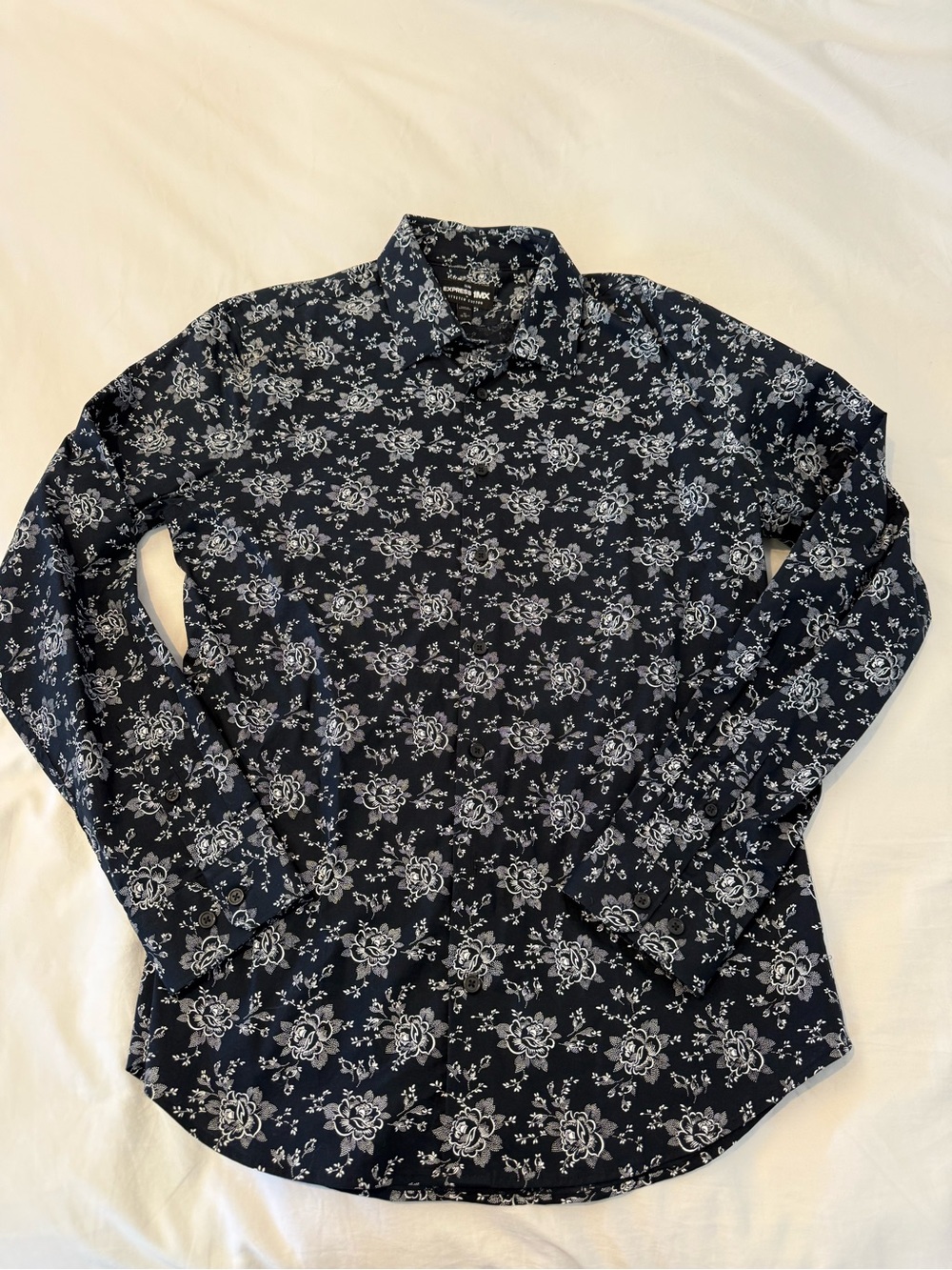 Express Men's Black Floral Long-Sleeve Shirt